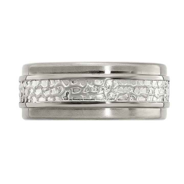 Mens Titanium and Sterling Silver 9mm Pattern Brushed Band Ring Image 2