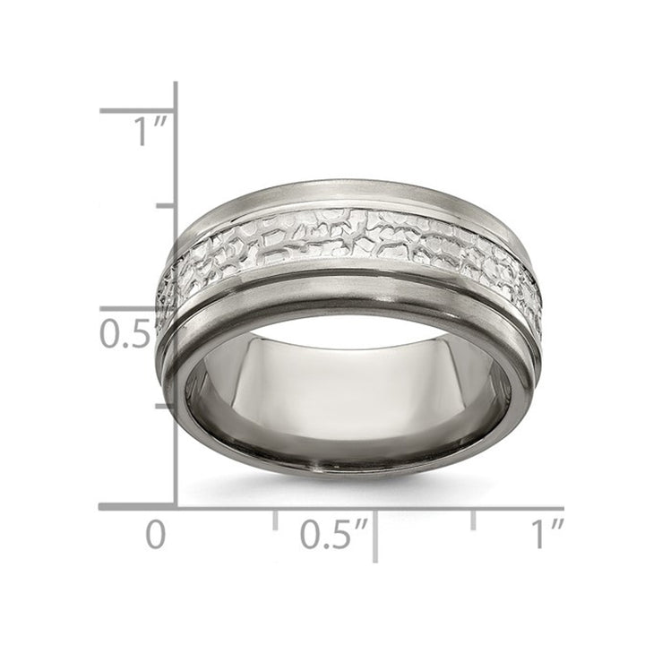 Mens Titanium and Sterling Silver 9mm Pattern Brushed Band Ring Image 4