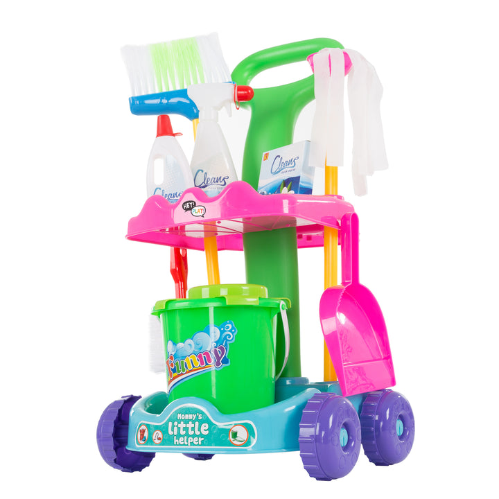 Pretend Play Cleaning Caddy Cart on Wheels with Mop Broom Bucket 9 Accessories Image 1