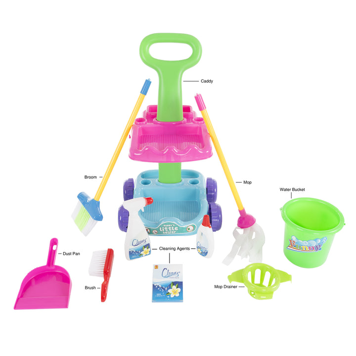 Pretend Play Cleaning Caddy Cart on Wheels with Mop Broom Bucket 9 Accessories Image 2