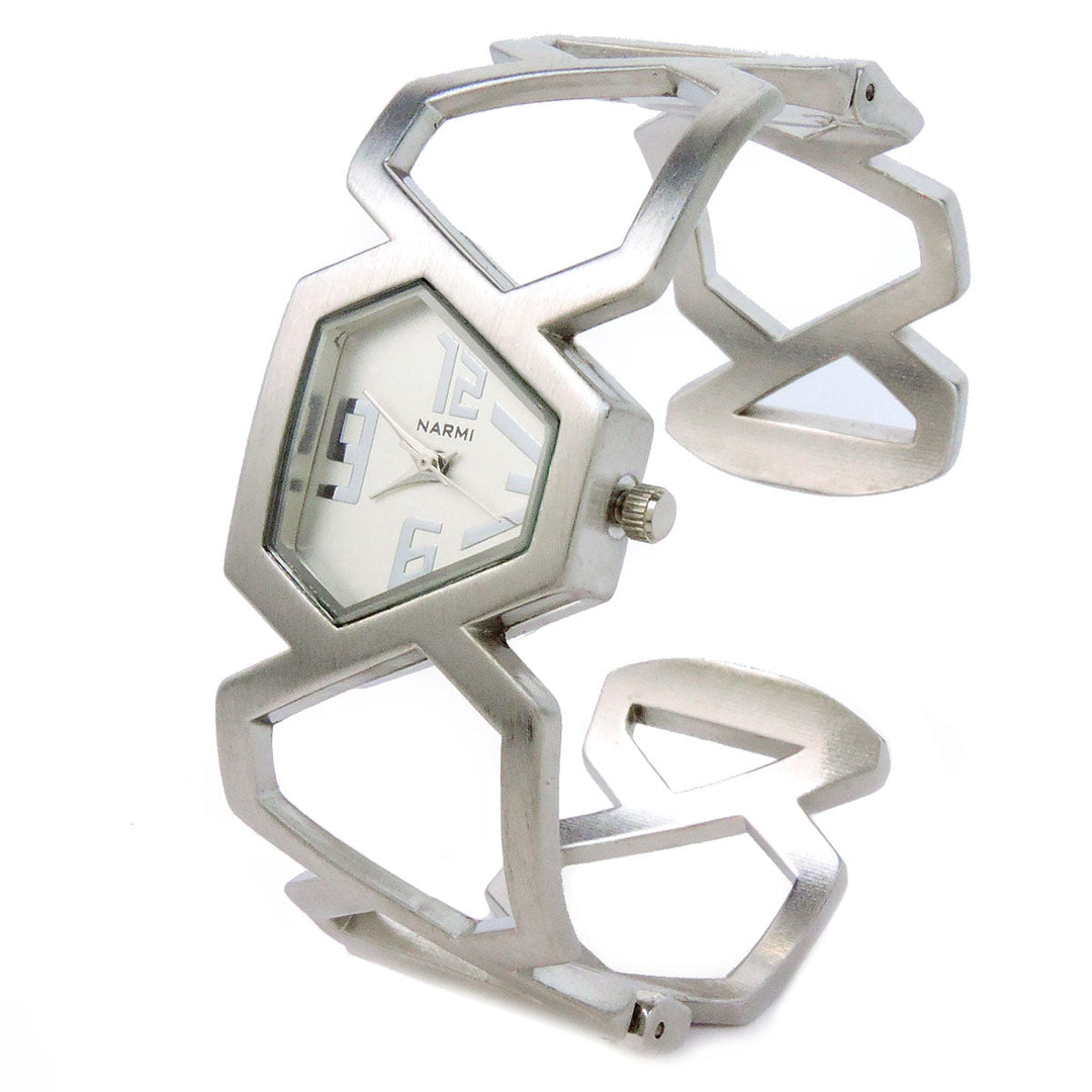 Chrome Brushed Hexagon Shape Womens Bangle Watch Image 1