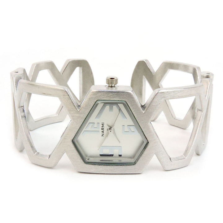 Chrome Brushed Hexagon Shape Womens Bangle Watch Image 2