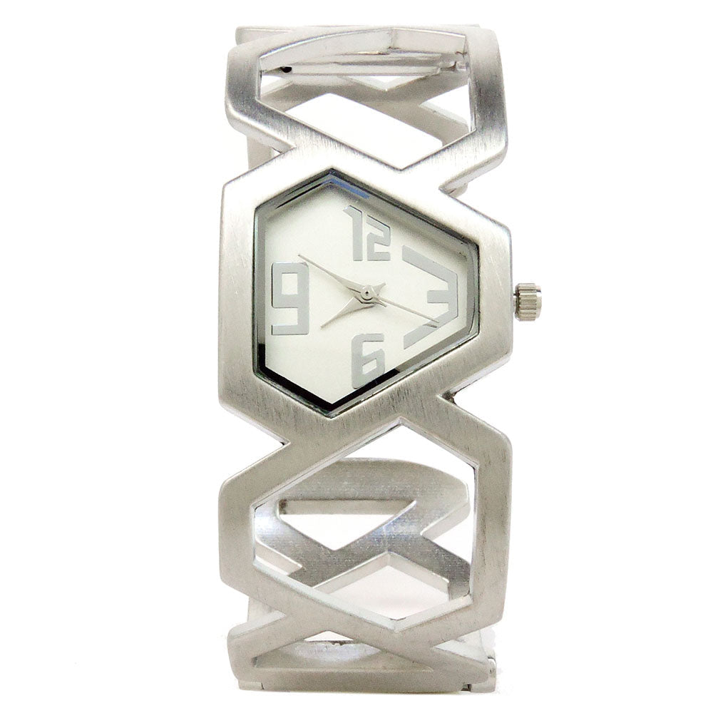 Chrome Brushed Hexagon Shape Womens Bangle Watch Image 3