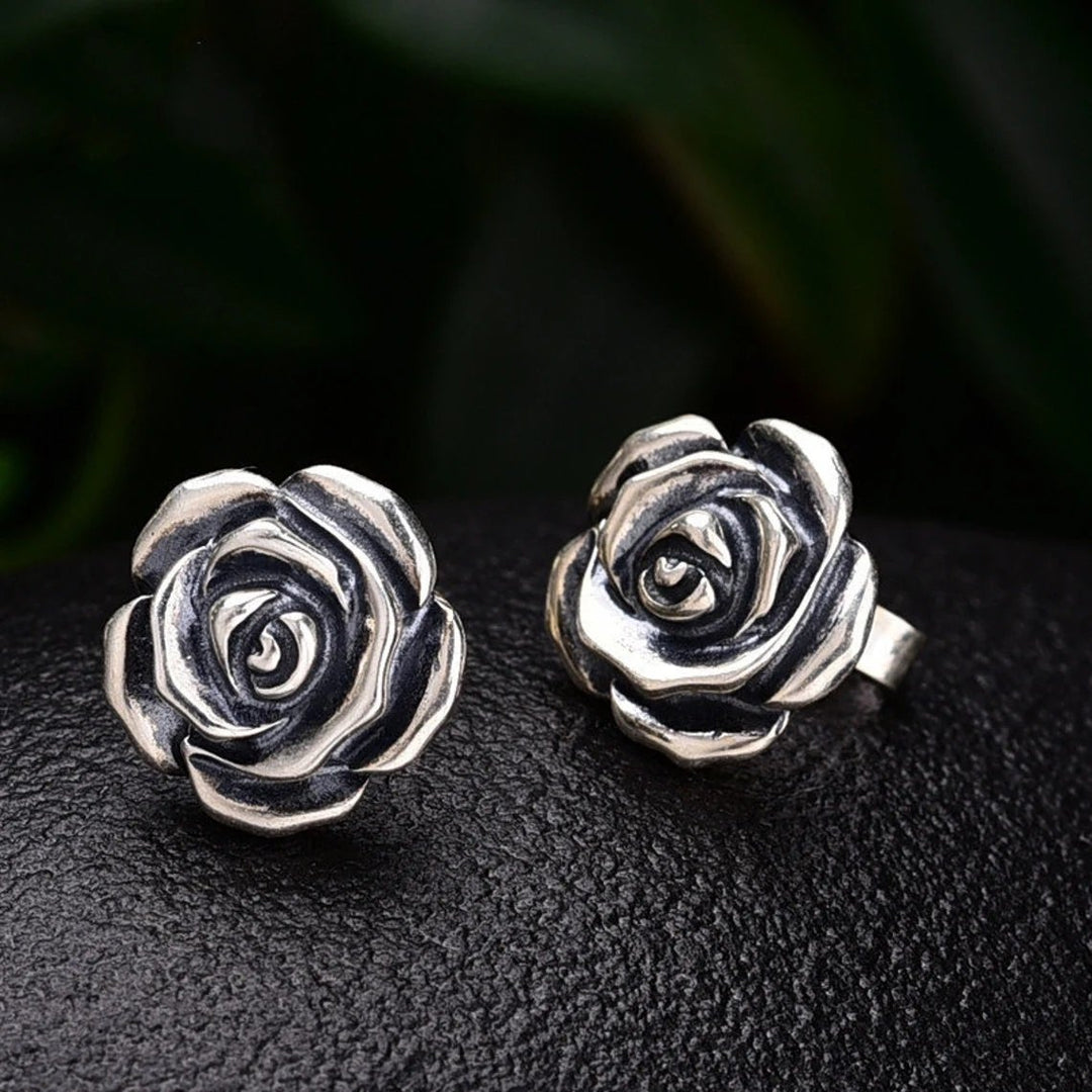 925 Sterling Silver Oxidized Rose Flower Stud Earrings for Women Fashion Jewelry Image 1