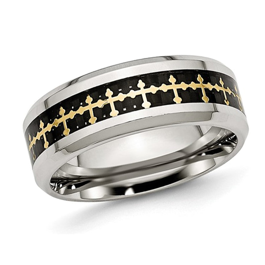 Mens Stainless Steel Carbon Fiber Inlay Cross Band Ring (8.00mm) Image 1