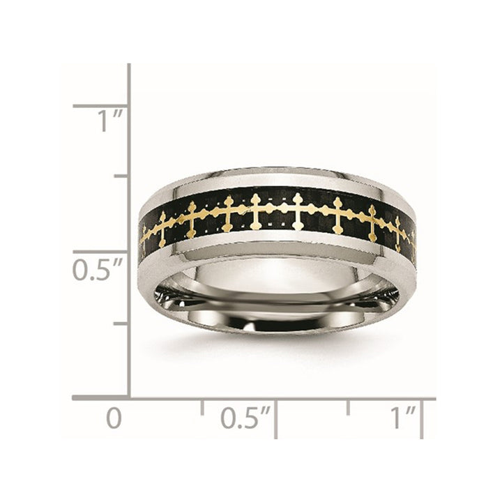 Mens Stainless Steel Carbon Fiber Inlay Cross Band Ring (8.00mm) Image 3