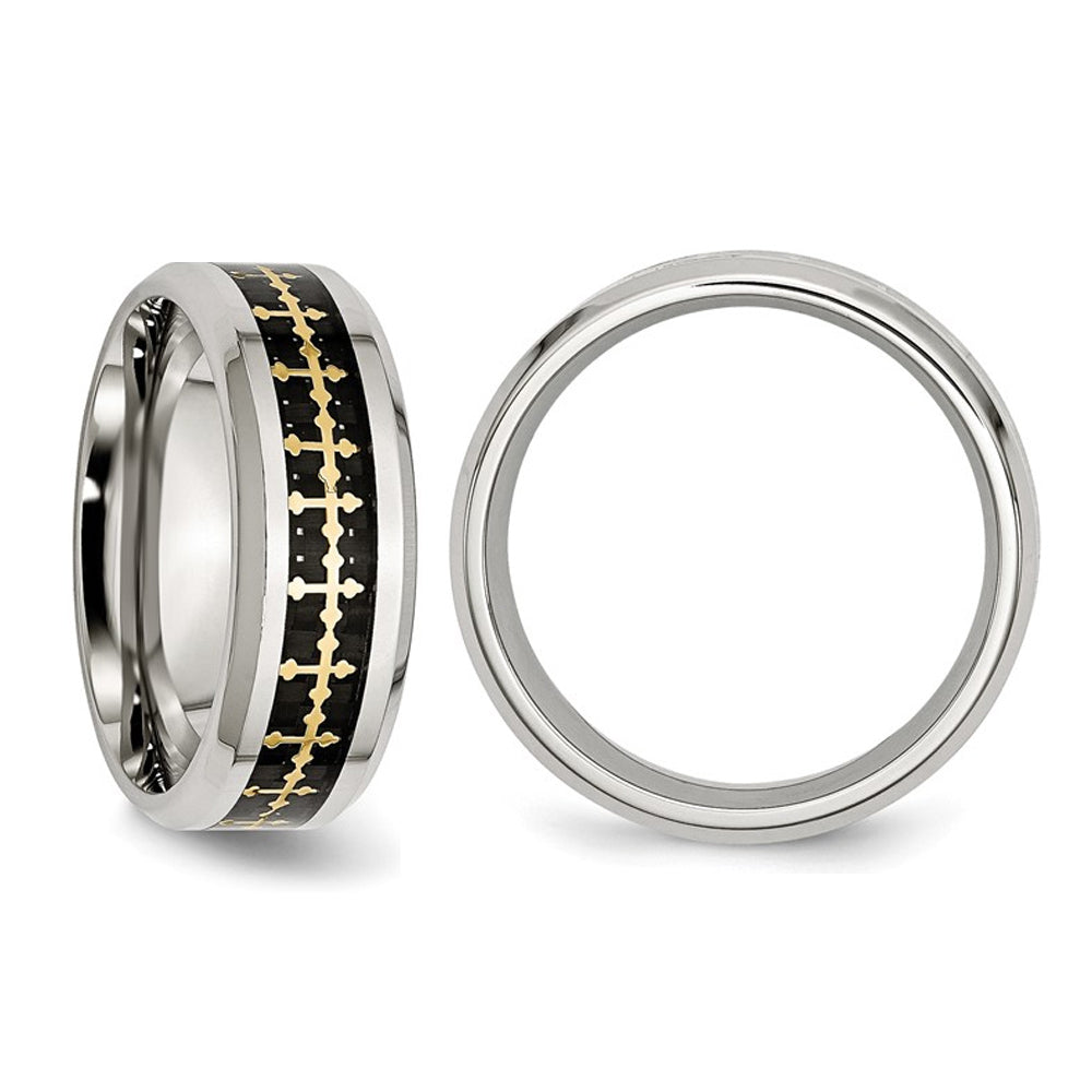 Mens Stainless Steel Carbon Fiber Inlay Cross Band Ring (8.00mm) Image 4