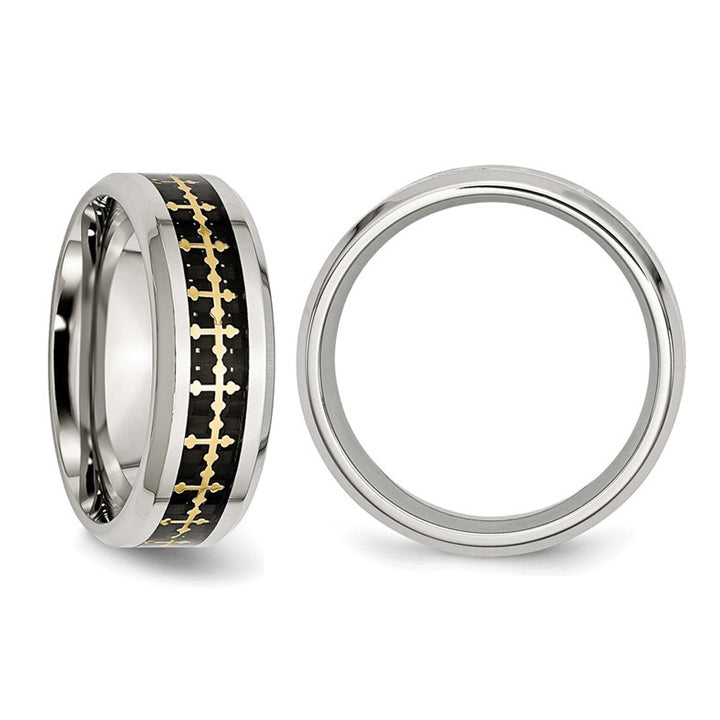 Mens Stainless Steel Carbon Fiber Inlay Cross Band Ring (8.00mm) Image 4