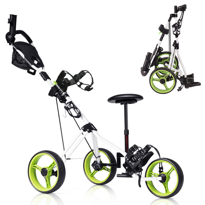 Foldable 3 Wheel Push Pull Golf Club Cart Trolley w/Seat Scoreboard Bag Swivel Image 1