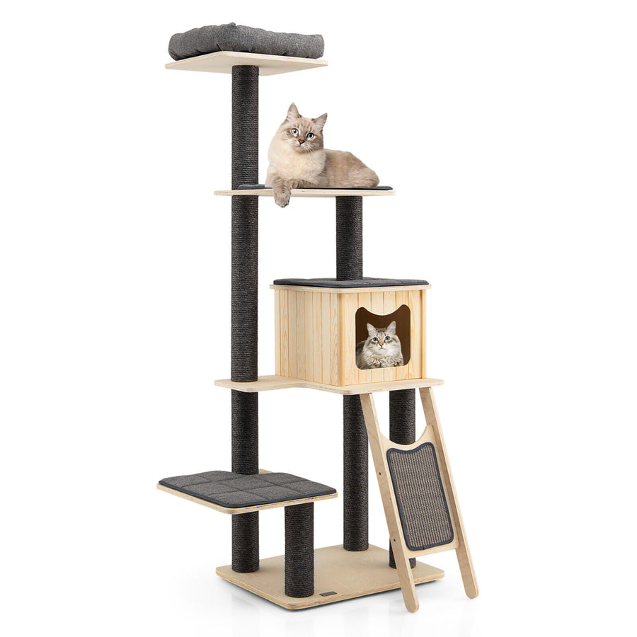 69 in Modern Wood Cat Tree 5-Tier Tall Cat Tower w/ Washable Cushions Image 1