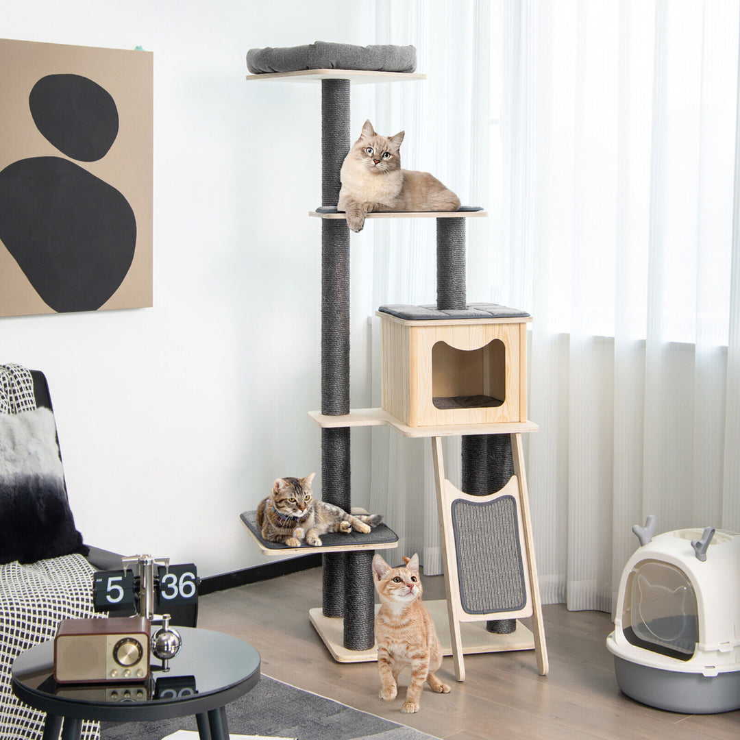 69 in Modern Wood Cat Tree 5-Tier Tall Cat Tower w/ Washable Cushions Image 2