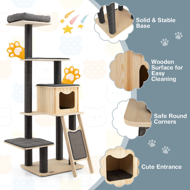 69 in Modern Wood Cat Tree 5-Tier Tall Cat Tower w/ Washable Cushions Image 4