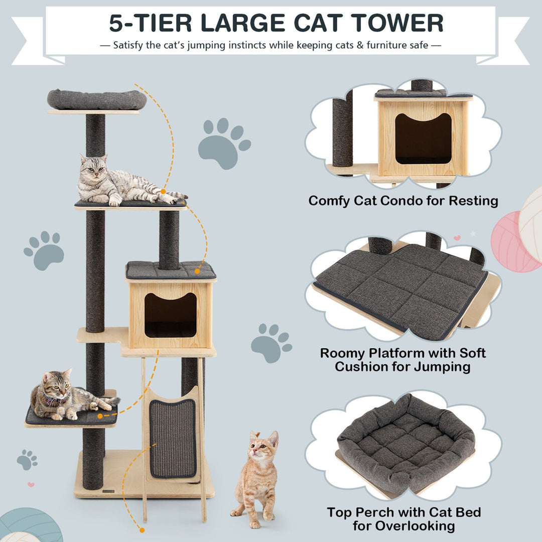 69 in Modern Wood Cat Tree 5-Tier Tall Cat Tower w/ Washable Cushions Image 4