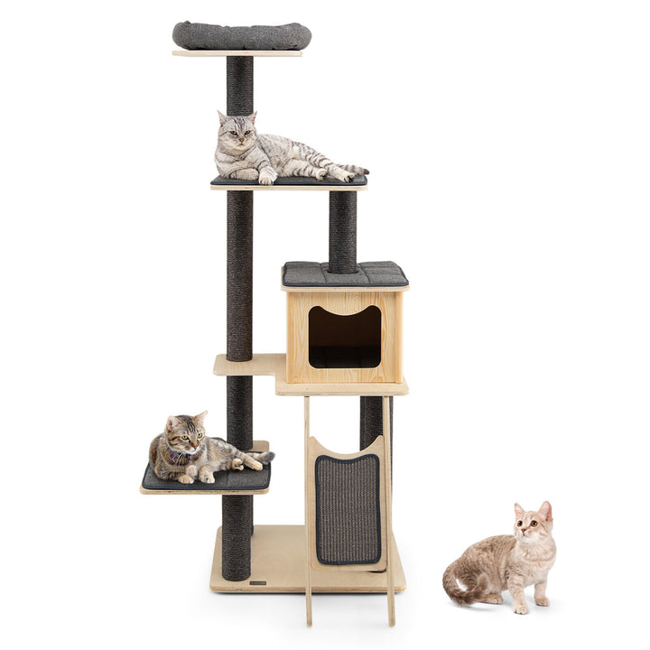 69 in Modern Wood Cat Tree 5-Tier Tall Cat Tower w/ Washable Cushions Image 10