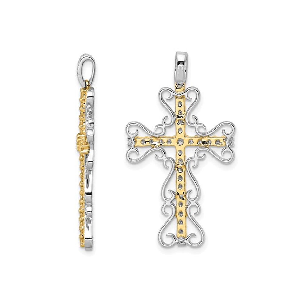 2/3 Carat (ctw) Diamond Filigree Cross Pendant Necklace in 14K White and Yellow Gold with Chain Image 2