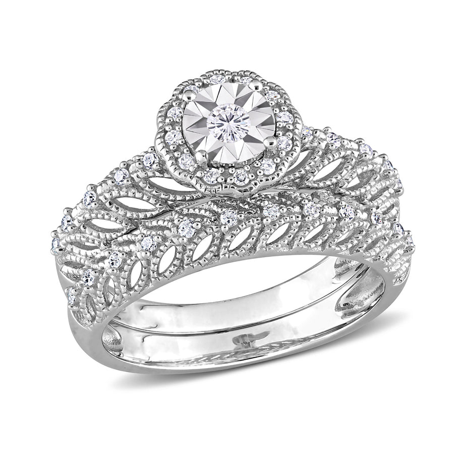 1/4 Carat (ctw) Diamond Engagement Bridal Ring and Wedding Band Set in Sterling Silver Image 1