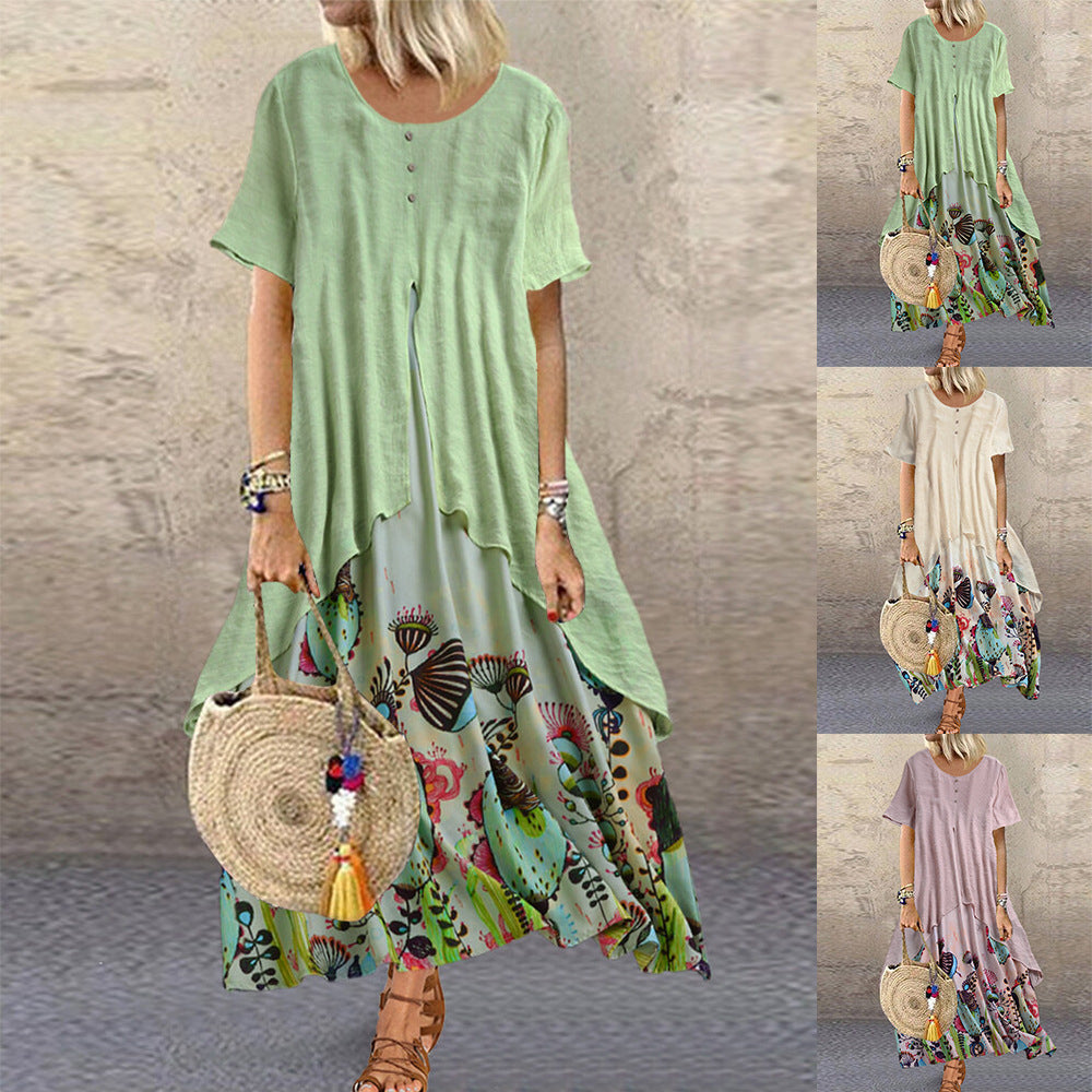 Womens Cotton Linen Floral Print Crew Neck Fake Two Piece Maxi Dress Casual Loose Long Dress Image 1