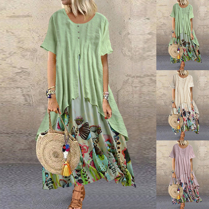 Womens Cotton Linen Floral Print Crew Neck Fake Two Piece Maxi Dress Casual Loose Long Dress Image 1