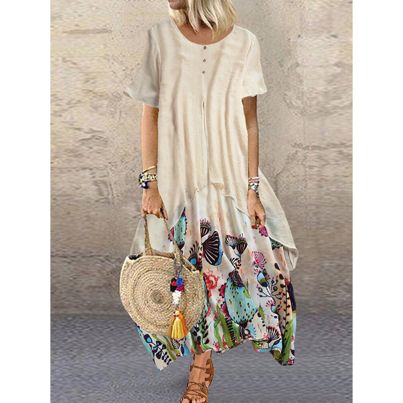 Womens Cotton Linen Floral Print Crew Neck Fake Two Piece Maxi Dress Casual Loose Long Dress Image 2