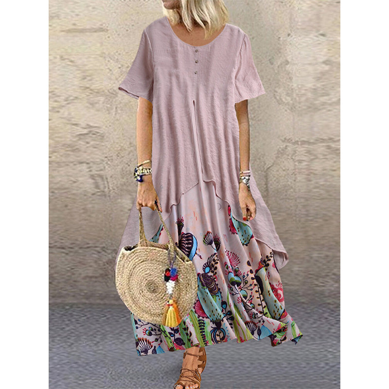 Womens Cotton Linen Floral Print Crew Neck Fake Two Piece Maxi Dress Casual Loose Long Dress Image 3