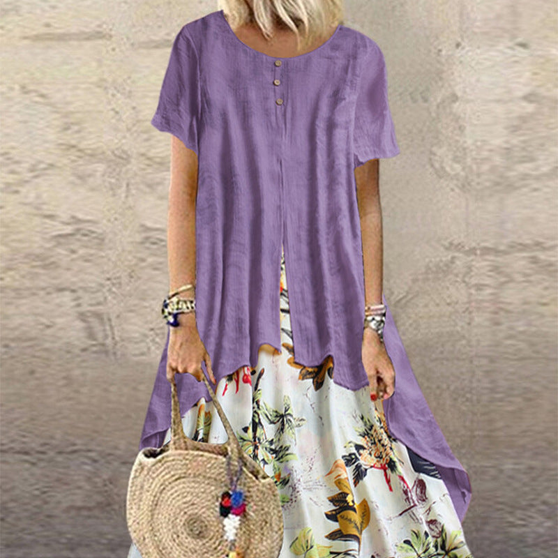 Womens Cotton Linen Floral Print Crew Neck Fake Two Piece Maxi Dress Casual Loose Long Dress with Pockets Image 3