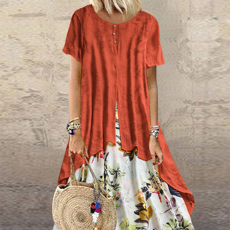 Womens Cotton Linen Floral Print Crew Neck Fake Two Piece Maxi Dress Casual Loose Long Dress with Pockets Image 4