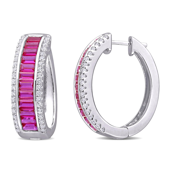 5.05 Carat (ctw) Lab-Created Ruby Hoop Earrings in Sterling Silver with Created White Sapphires Image 1