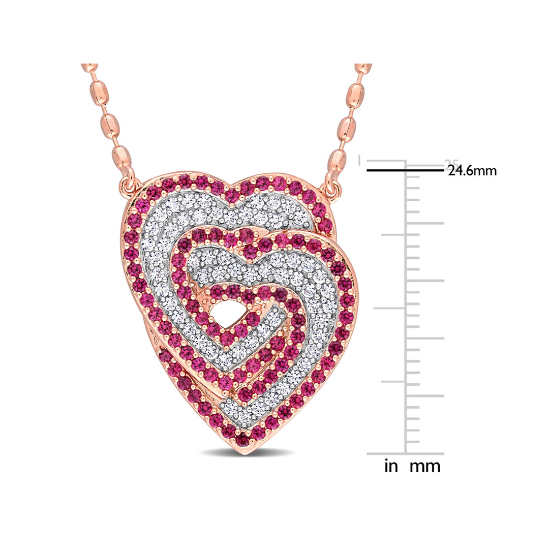 1.70 Carat (ctw) Lab-Created Ruby and White Sapphire Heart Pendant Necklace in Rose Plated Sterling Silver with chain Image 2