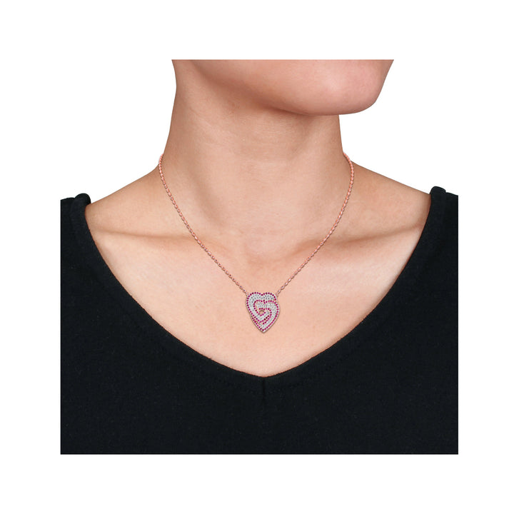 1.70 Carat (ctw) Lab-Created Ruby and White Sapphire Heart Pendant Necklace in Rose Plated Sterling Silver with chain Image 4
