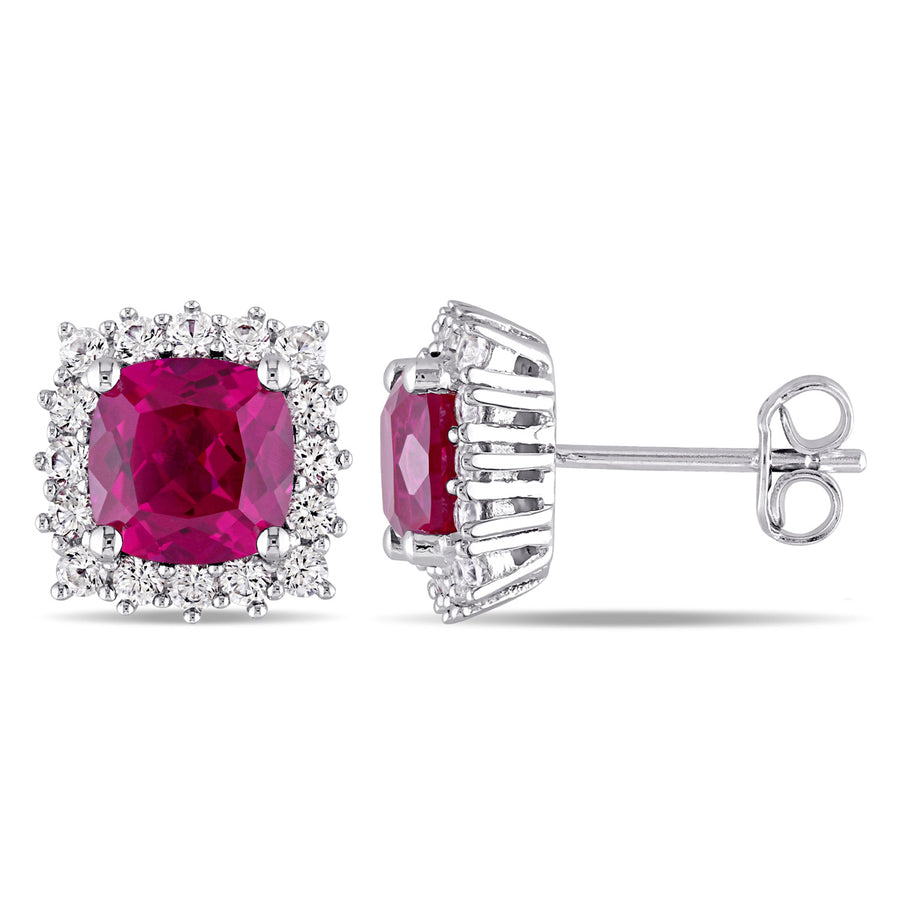 4.85 Carat (ctw) Lab-Created Ruby and White Sapphire Halo Earrings in Sterling Silver Image 1