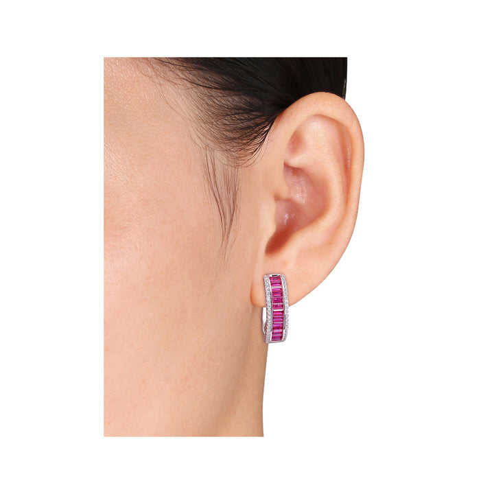 5.05 Carat (ctw) Lab-Created Ruby Hoop Earrings in Sterling Silver with Created White Sapphires Image 4