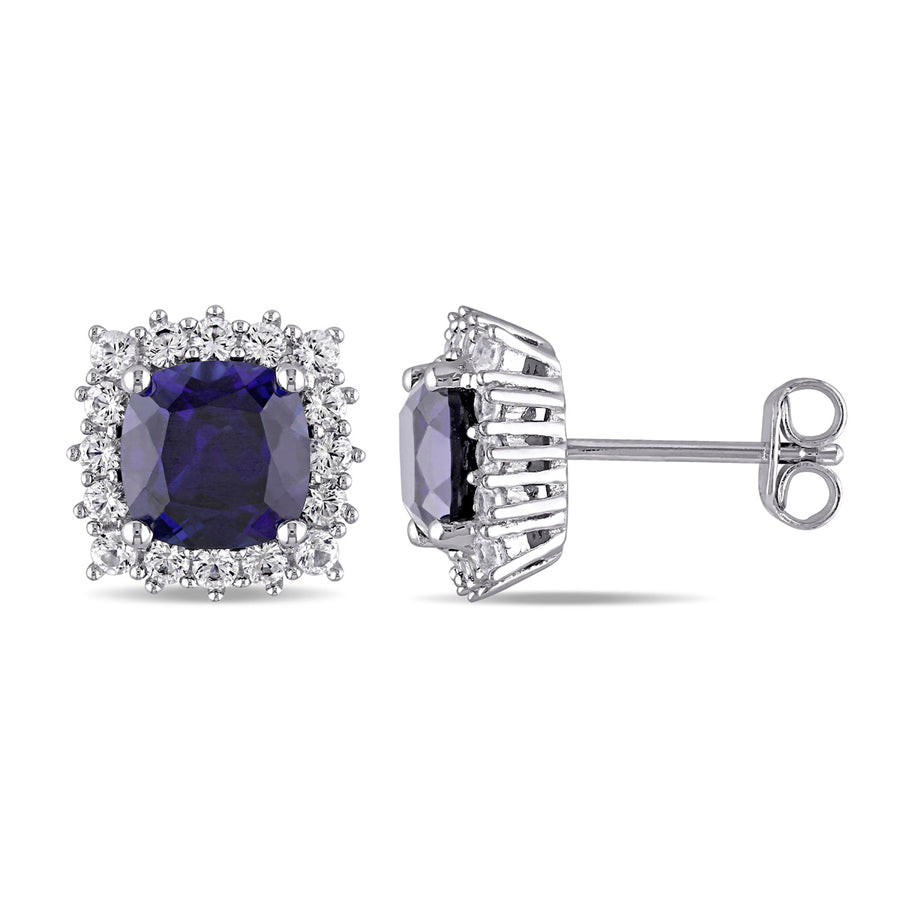 4.85 Carat (ctw) Lab-Created Blue Sapphire and White Sapphire Halo Earrings in Sterling Silver Image 1