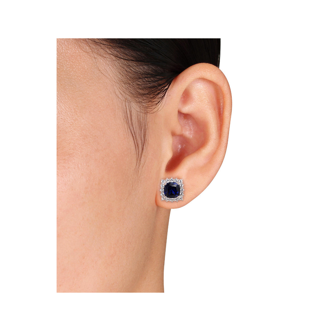 4.85 Carat (ctw) Lab-Created Blue Sapphire and White Sapphire Halo Earrings in Sterling Silver Image 4