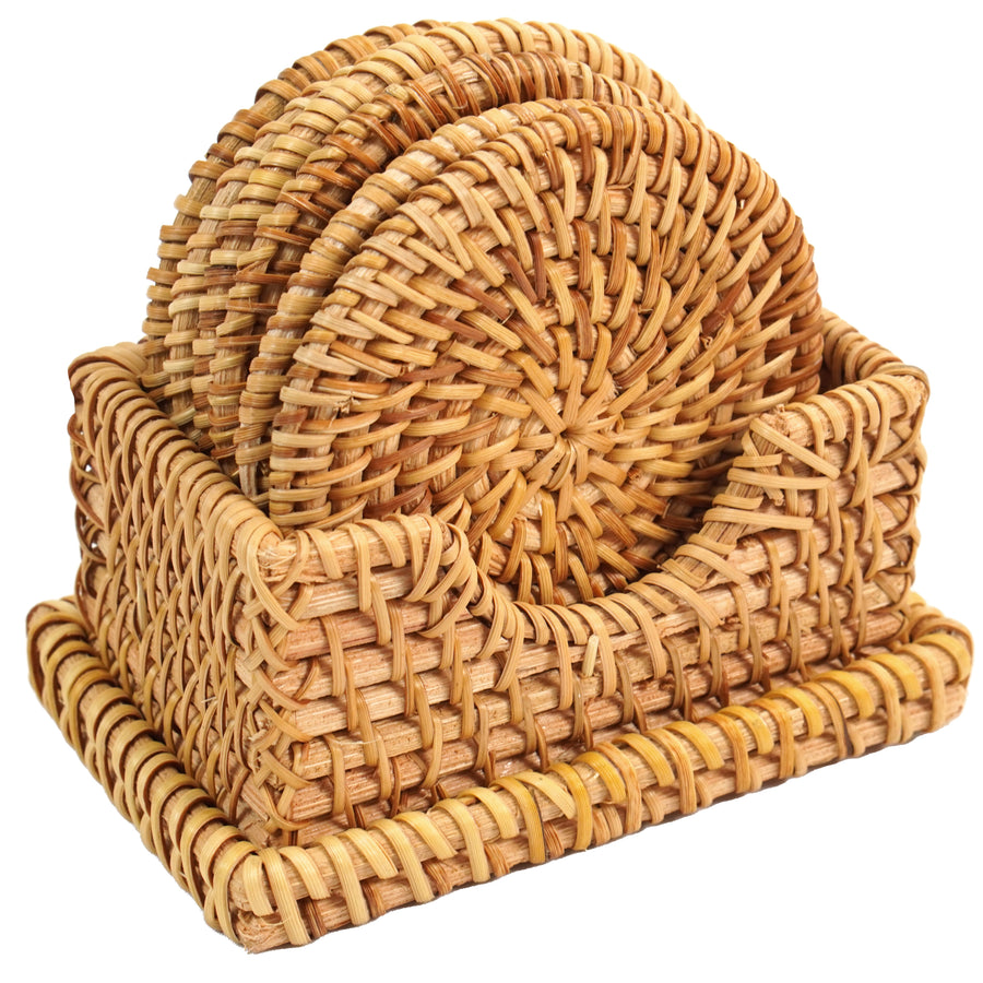 Honey Brown Set of 6 Round Natural Rattan Placemats with Rectangular Holder Image 1