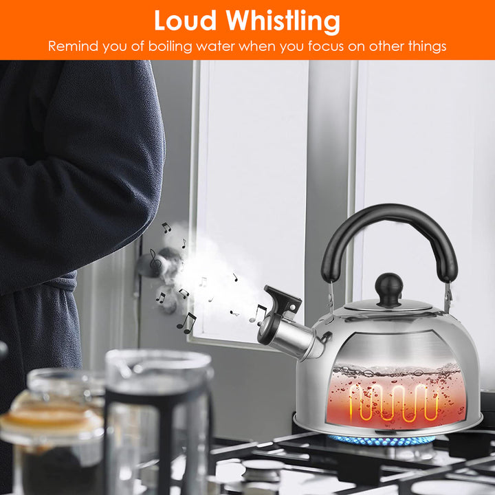 2.1Quarts Stainless Steel Whistling Tea Kettle Stovetop Induction Gas Teapot with Insulated Handle Camping Kitchen Image 2