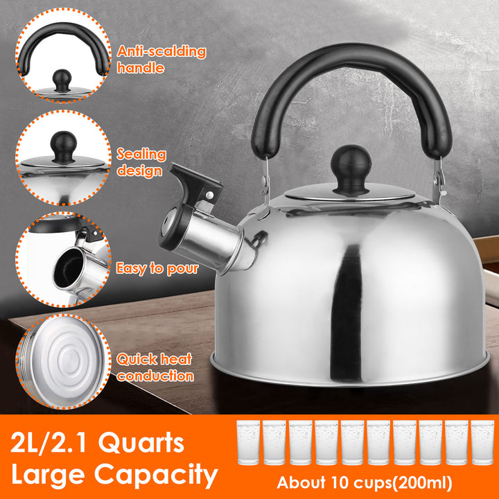 2.1Quarts Stainless Steel Whistling Tea Kettle Stovetop Induction Gas Teapot with Insulated Handle Camping Kitchen Image 3