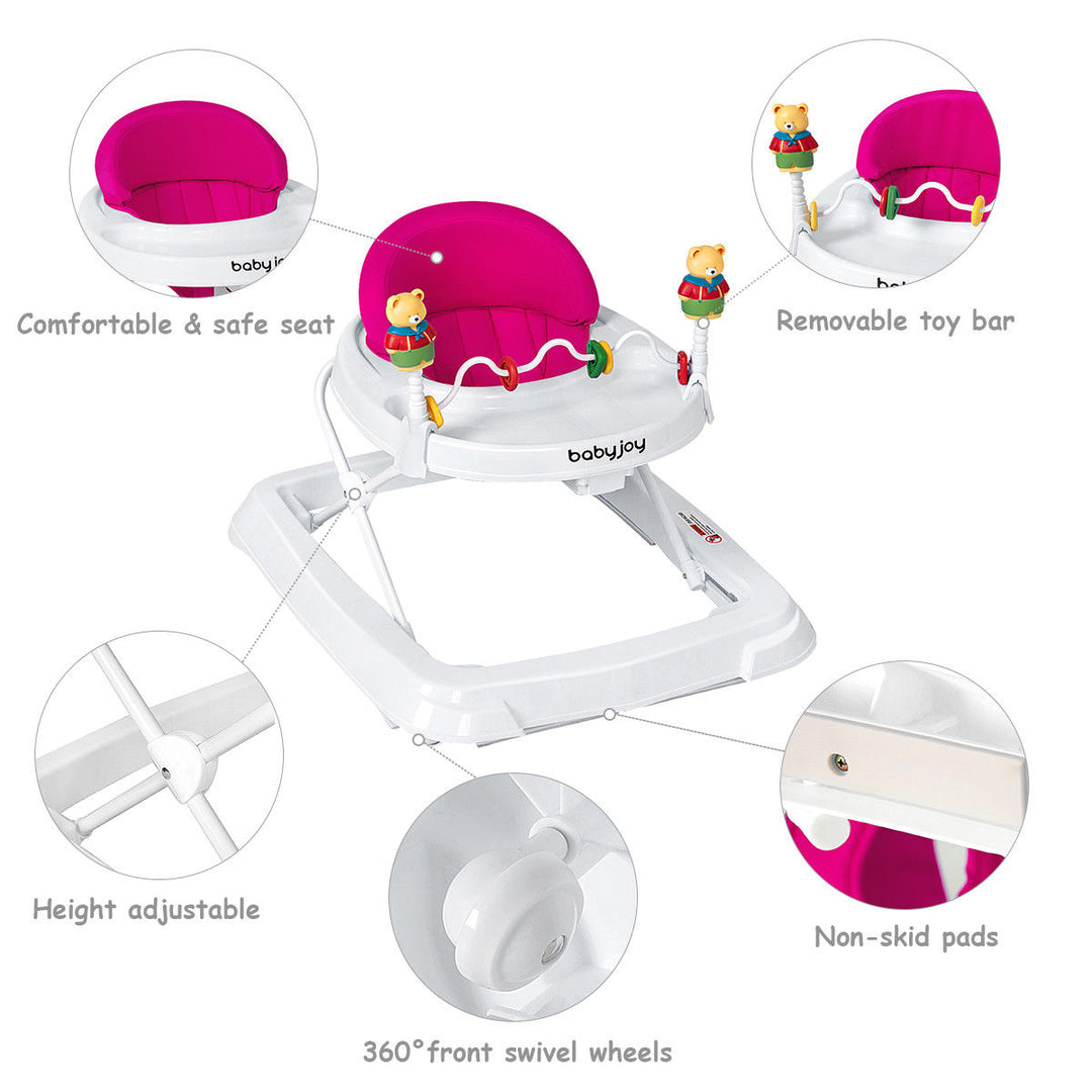 Baby Walker Adjustable Height Removable Toy Wheels Folding Portable Pink Image 6