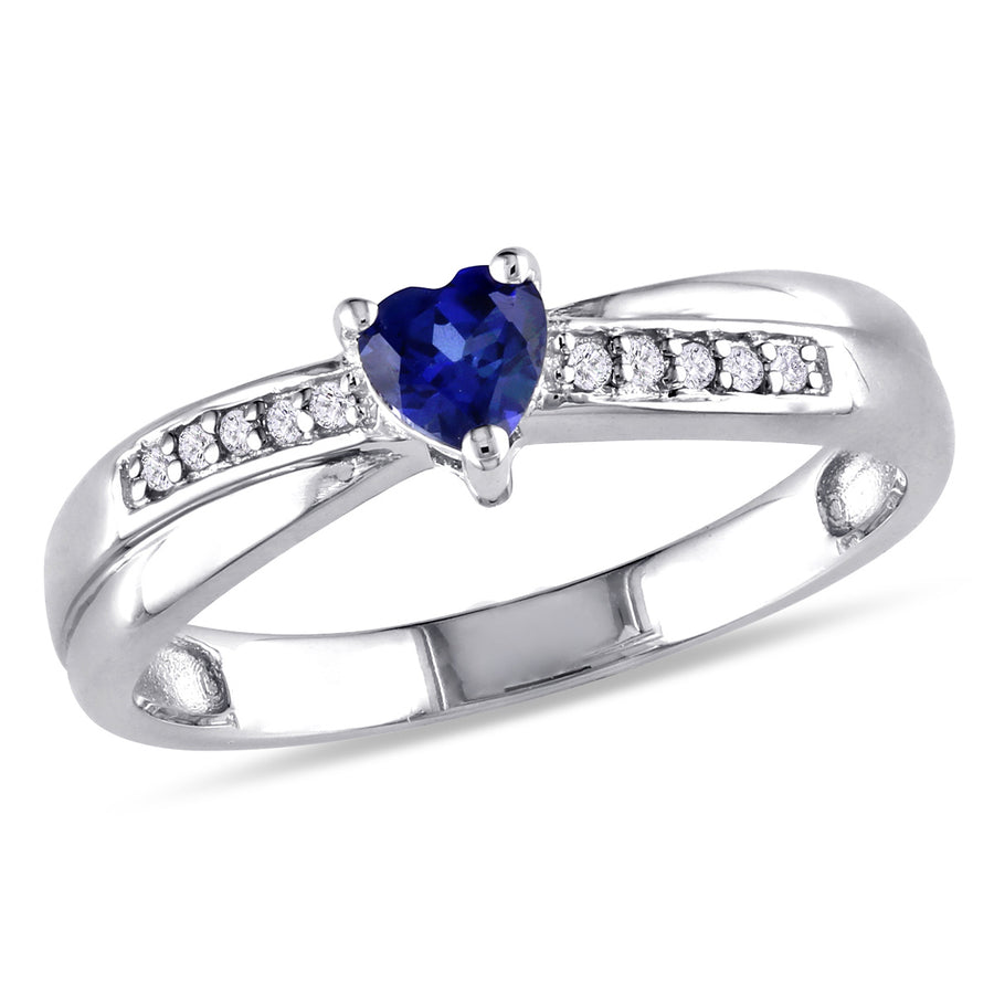 1/4 Carat (ctw) Lab-Created Blue Sapphire Heart Ring in Sterling Silver with Accent Diamonds Image 1