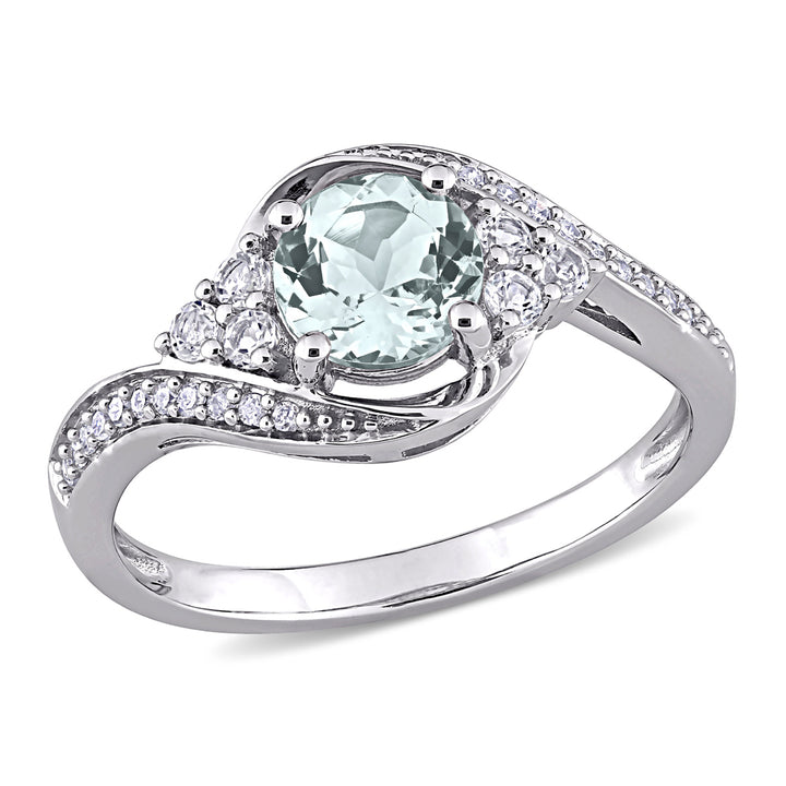 7/8 Carat (ctw) Aquamarine and White Topaz Swirl Ring in 10K White Gold with Diamonds Image 1