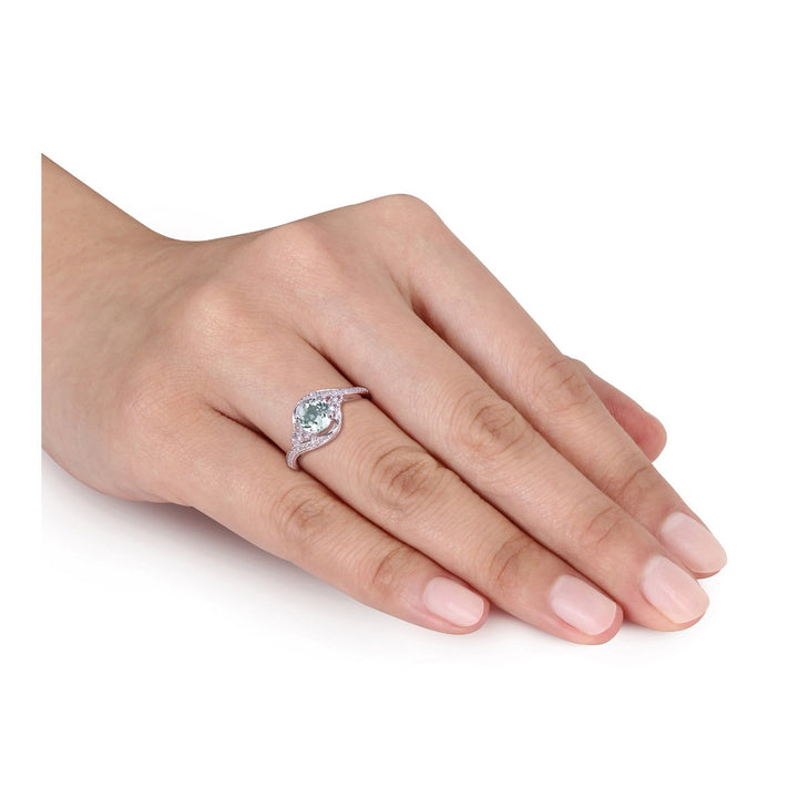 7/8 Carat (ctw) Aquamarine and White Topaz Swirl Ring in 10K White Gold with Diamonds Image 3