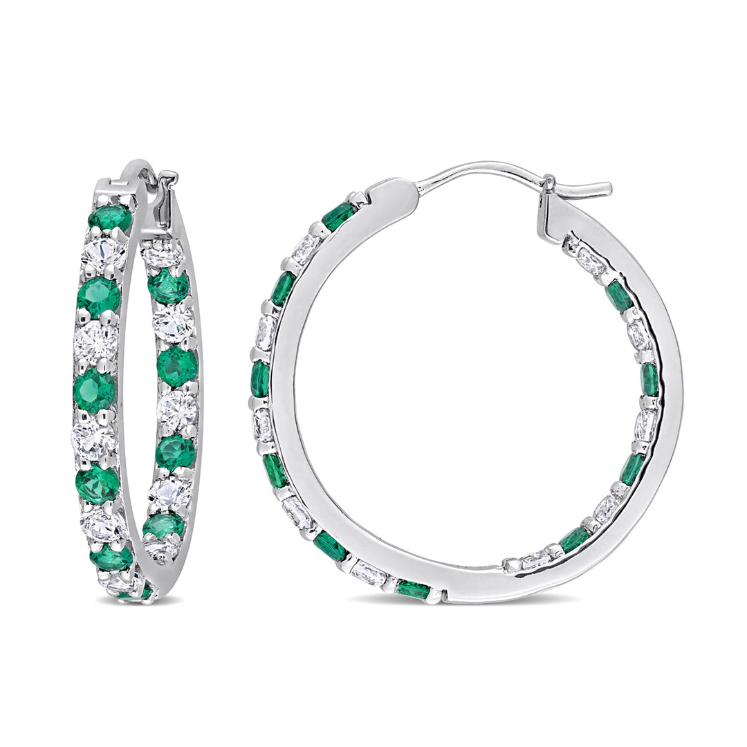 2.40 Carat (ctw) Lab-Created Emerald and White Sapphire Hoop Earrings in Sterling Silver Image 1