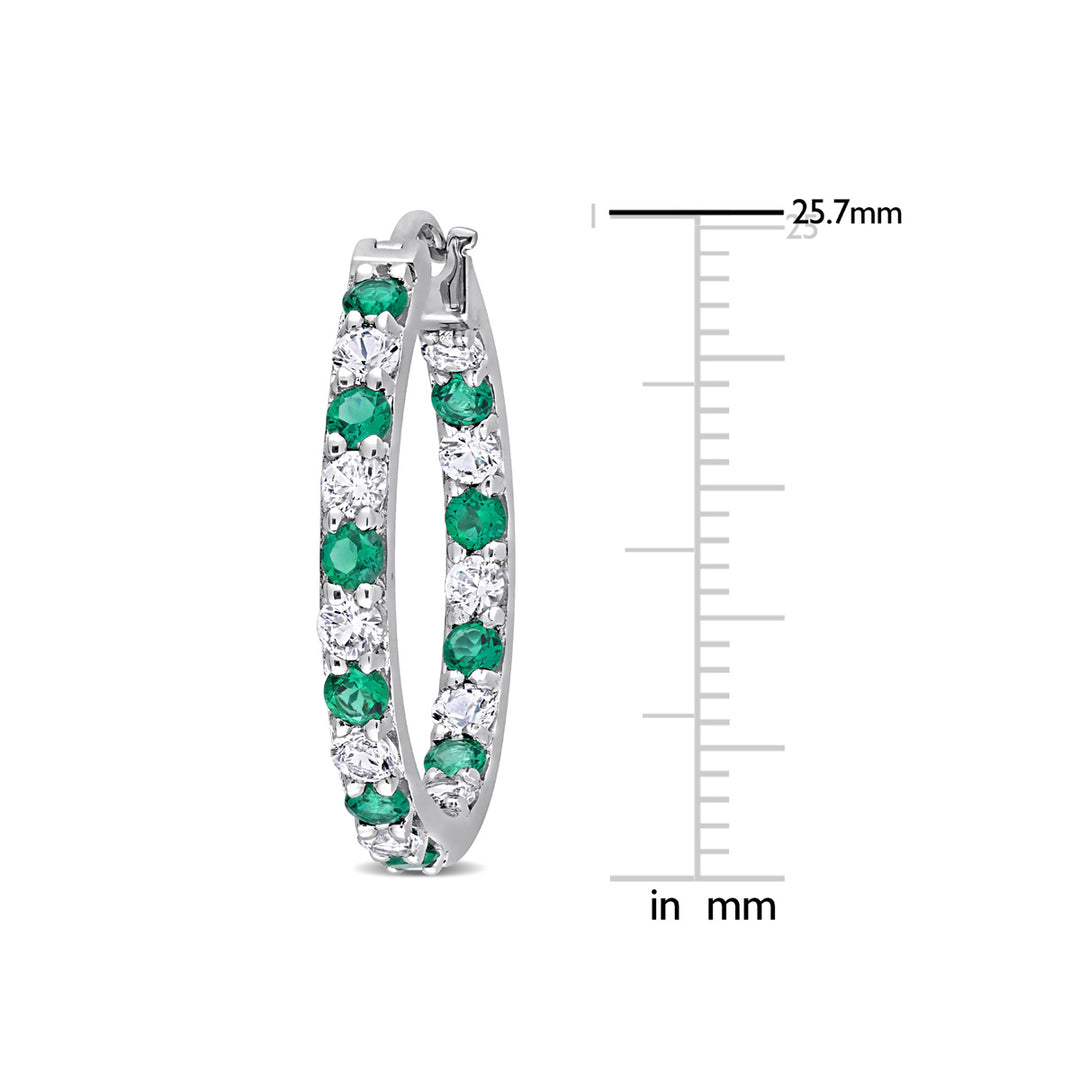 2.40 Carat (ctw) Lab-Created Emerald and White Sapphire Hoop Earrings in Sterling Silver Image 3