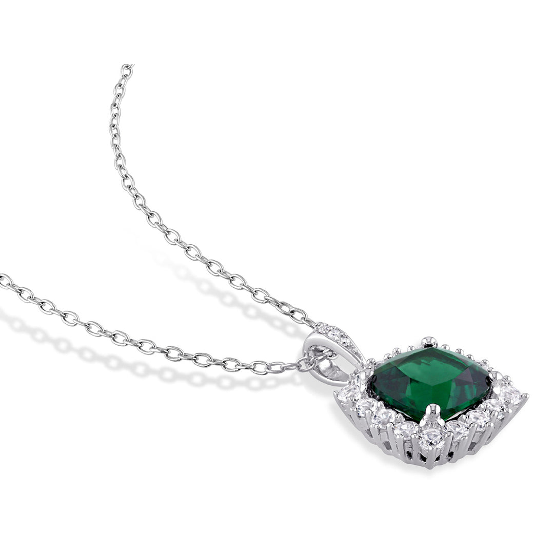 2.40 Carat (ctw) Lab-Created Emerald and White Sapphire Halo Pendant Necklace in Sterling Silver with Chain Image 3