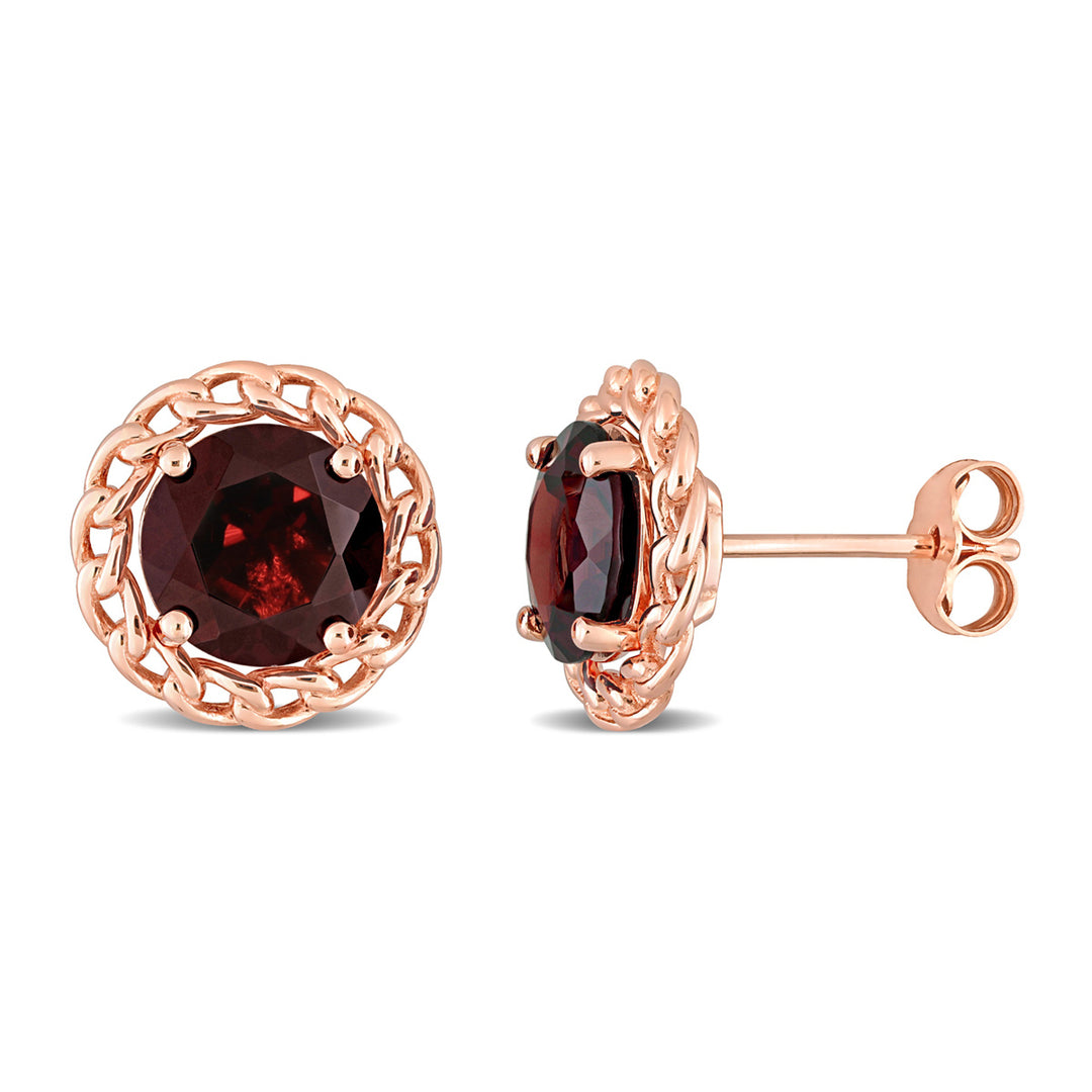 4.00 Carat (ctw) Red Garnet Halo Stud Earrings in Rose Plated Sterling Silver Image 1