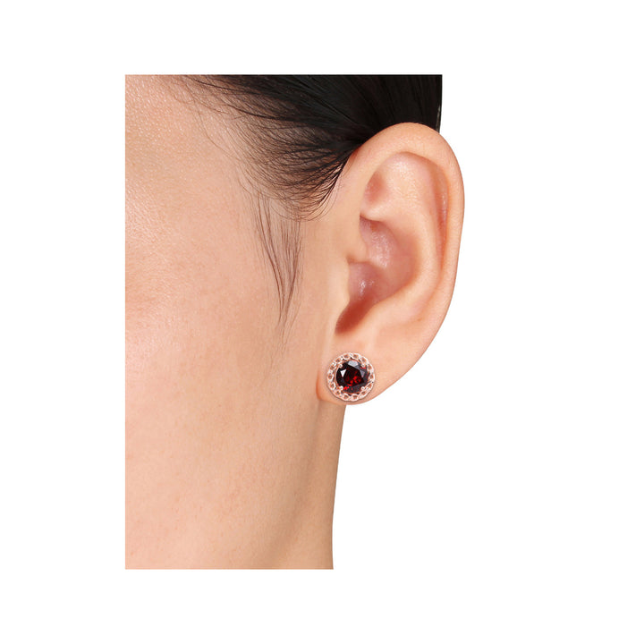 4.00 Carat (ctw) Red Garnet Halo Stud Earrings in Rose Plated Sterling Silver Image 4