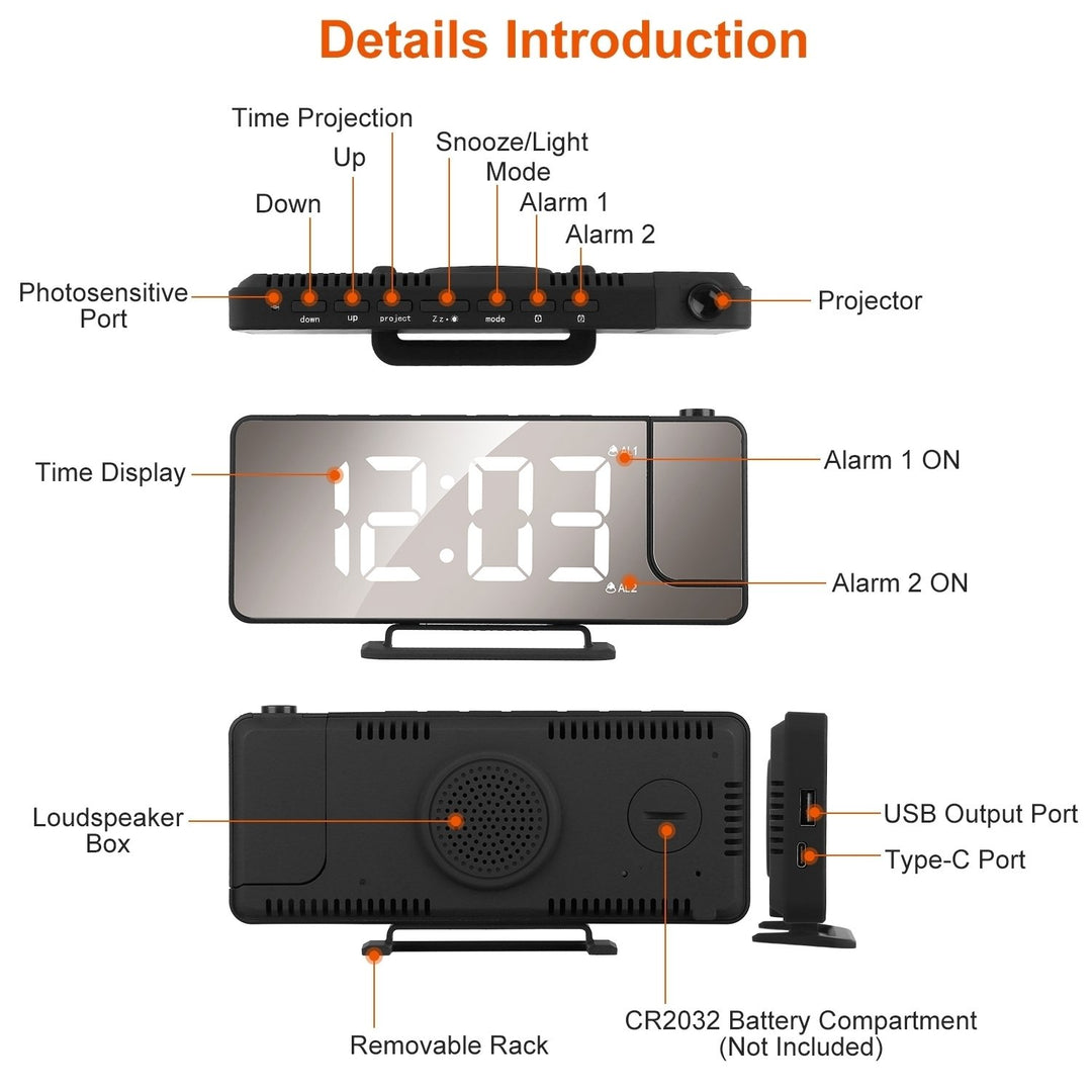 LED Projection Alarm Clock Dual Alarms USB Charging 6 Dimmer 7.7in Black Image 2