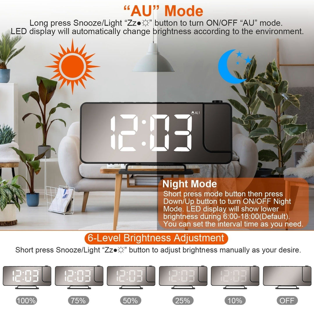 LED Projection Alarm Clock Dual Alarms USB Charging 6 Dimmer 7.7in Black Image 7