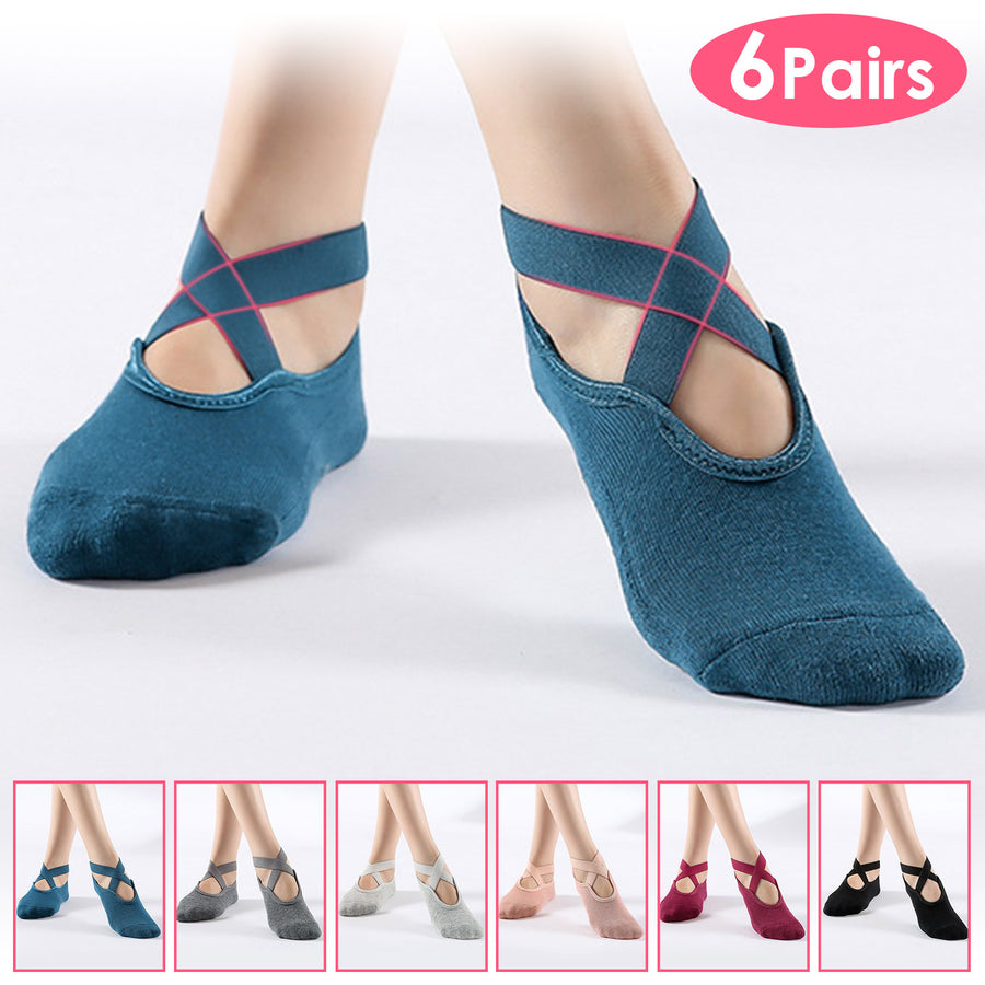 6 Packs Women Yoga Socks Non Slip Grips Straps Cotton Pilates Dance Gym 5-8.5 Image 1