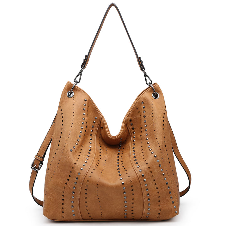 Large Hobo Shoulder Bag Bucket Handbag Purse with Studs Vegan Leather Image 8