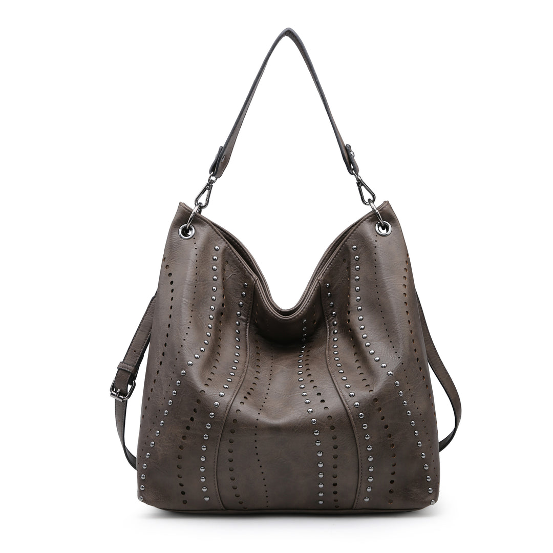 Large Hobo Shoulder Bag Bucket Handbag Purse with Studs Vegan Leather Image 9